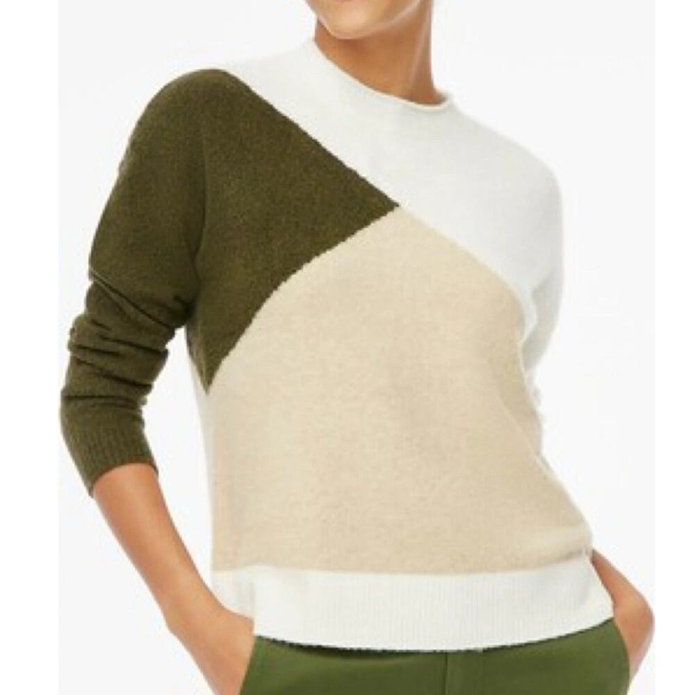 NWT J. Crew Green Cream Colorblock Mockneck Merino Wool Blend Sweater XS